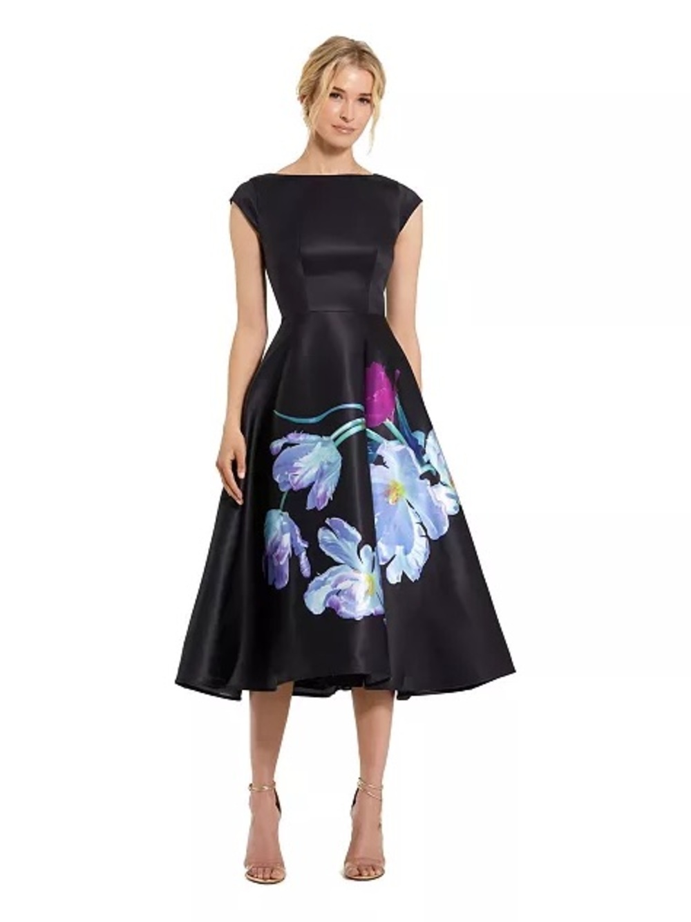 Mac Duggal Black Satin Cap Sleeve Midi Dress With Floral Print - Size 10